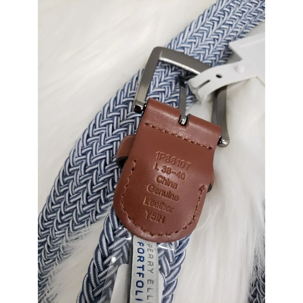 NEW‎ Perry Ellis Men Blue Stretch Woven Belt Golf Preppy Dress Up 34-36 White